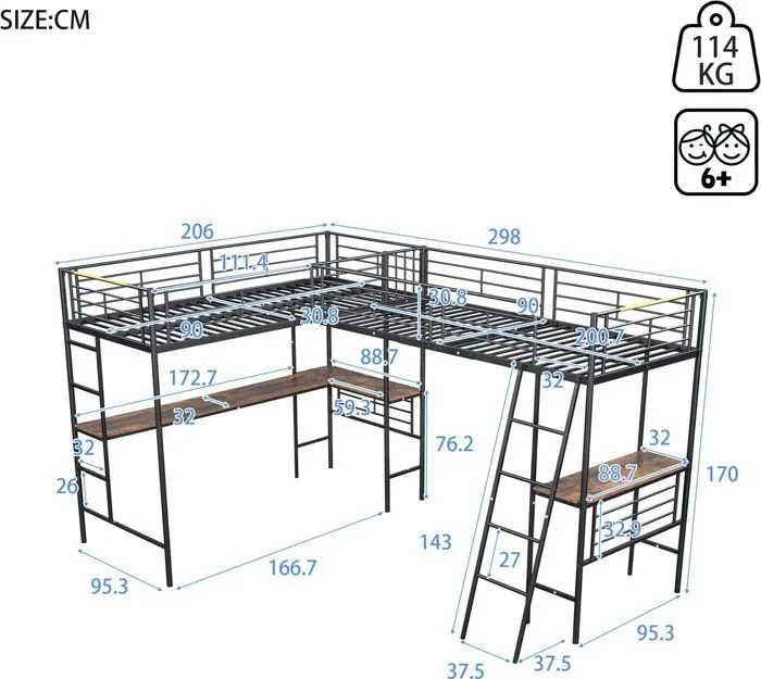 Lit mezzanine - Non spécifié - 90x200cm - Noir - Bureau intégré - Escalier double-2