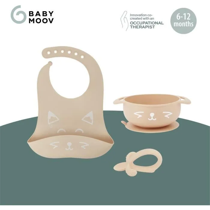 BABYMOOV Kit repas bébé FIRST'ISY bol antidérapant + cuillère ergonomique avec masseur de gencives + bavoir, 6-12 mois, renard-2