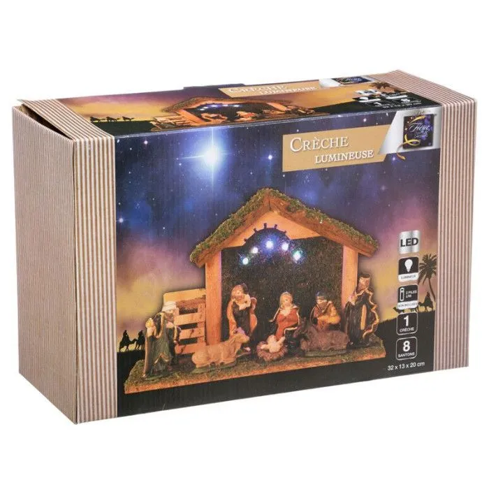 Crèche de Noël lumineuse - Non spécifié - 8 santons - Multicolore - Céramique et Bois - 32x20x13 cm-2