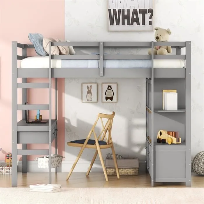Lit mezzanine pour enfant - lit surélevé avec tiroirs de rangement, bureau et bibliothèque de rangement sous le lit - gris 140x200cm-2
