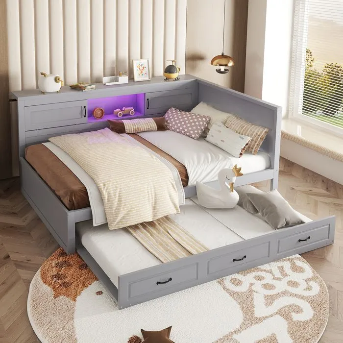 Lit gigogne 140x200cm+90x190cm - lit méridienne avec sommier à lattes, espace de rangement, LED et port USB - Bois Gris-0
