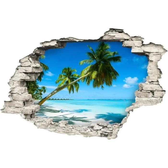 Ambiance Sticker Stickers adhésifs Effet 3D - Sticker Autocollant Palmiers sur Plage de Sable BLAN - Décoration Murale-2