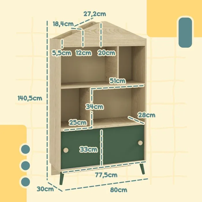 Bibliothèque et meuble de rangement - AIYAPLAY - jouets pour enfants, 4 étagères et placard porte coulissante, design - vert-3