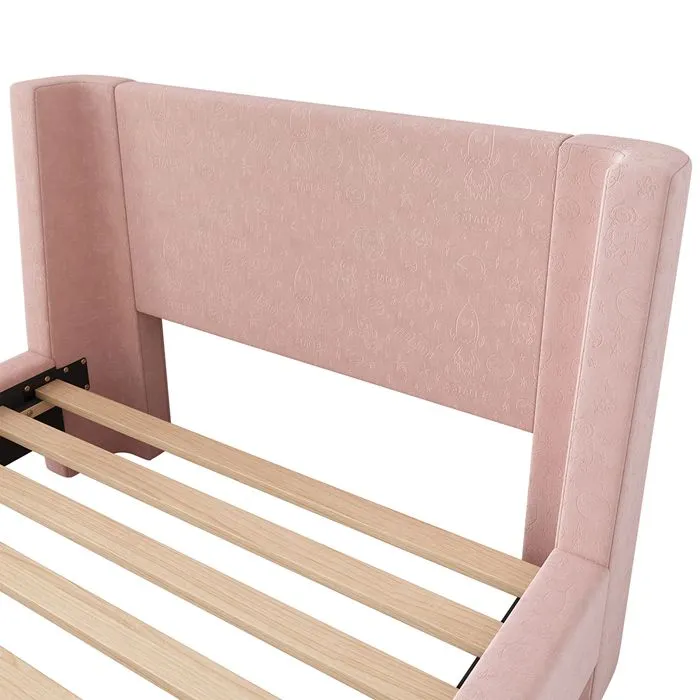 Lit d'enfant - GUTENT - Traîneau - 90 x 200 cm - Velours doux - Rose-4