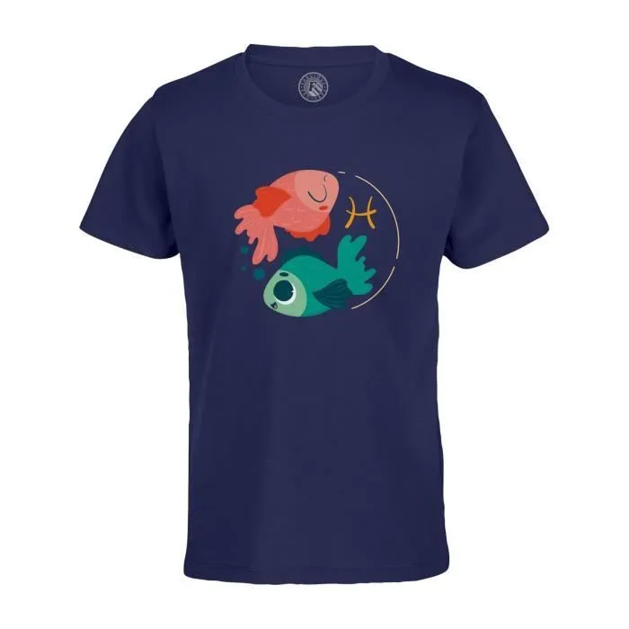 T-shirt Enfant Bleu Poissons Signe astrologie Zodiaque Dessin Symbole Illustration-0
