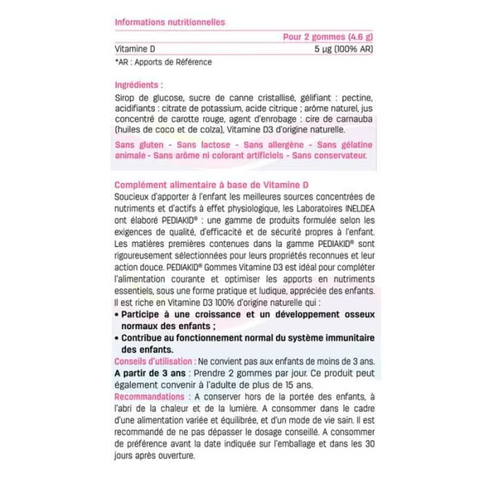 Lot de 3 PEDIAKID Gommes Vitamine D3 - Complément Alimentaire Enfant - Croissance & Resistance - Arome Naturel Fraise-1