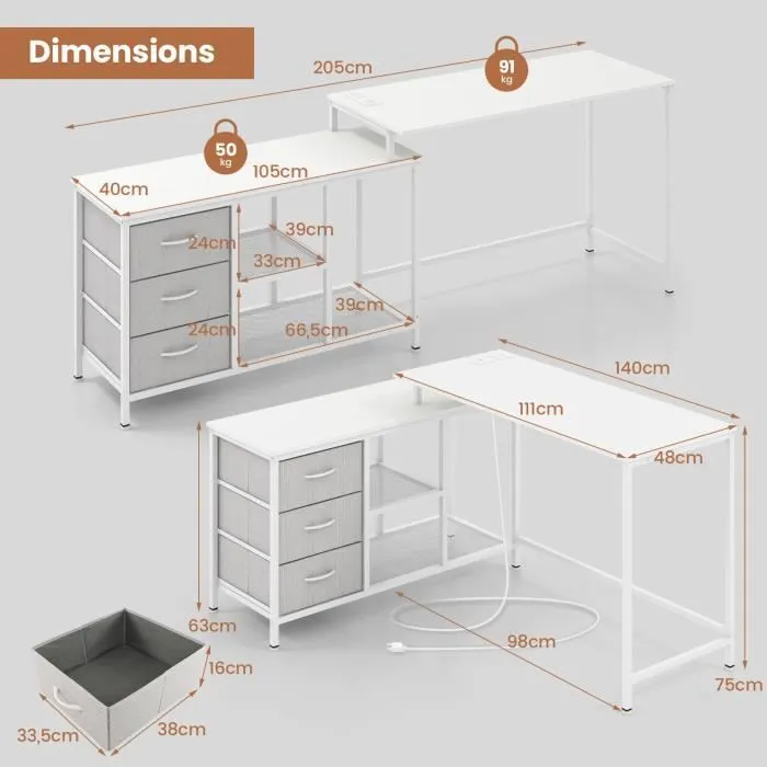 COSTWAY Bureau d'Angle Convertible avec Prise de Courant, 3 Tiroirs en Tissu et Étagères en Maille Métallique, Blanc-3