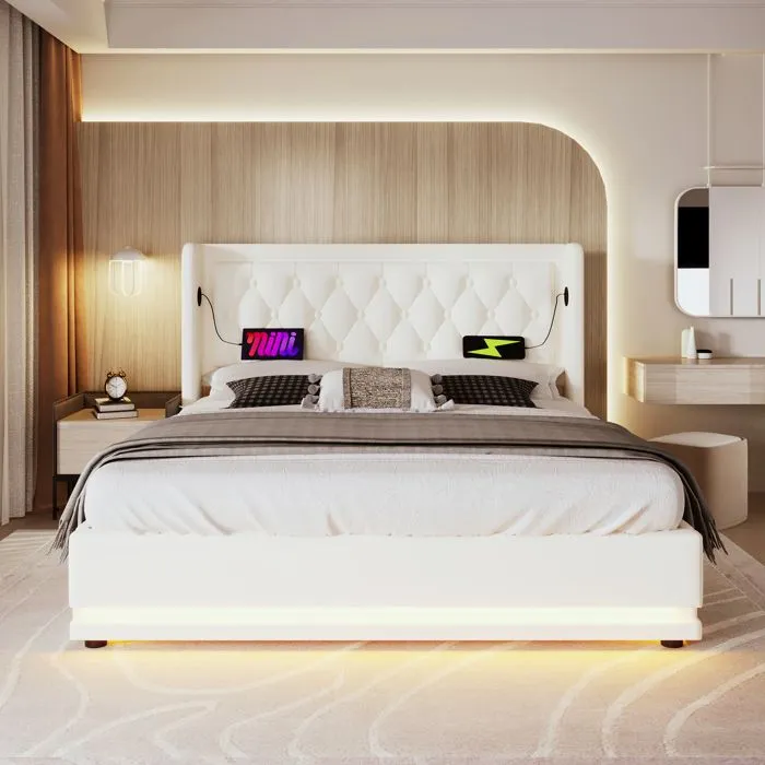 Lit coffre capitonné - Blanc - 140x200 cm - Similicuir - USB et Type-C - LED multicolore-0