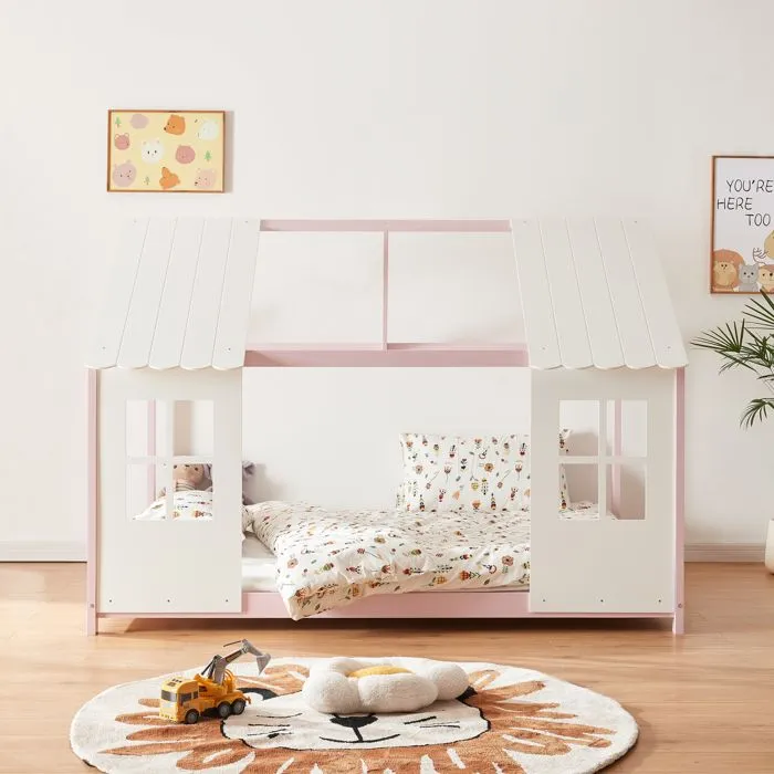 Lit cabane Tostedt pour enfant forme maison bois de pin 140 x 200 cm rose blanc [en.casa]-1