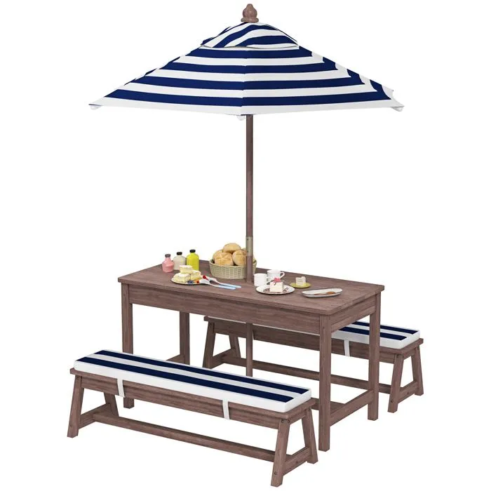 Ensemble salon de jardin extérieur enfant - AIYAPLAY - coussins et parasol amovible - rayé bleu marine et blanc-0