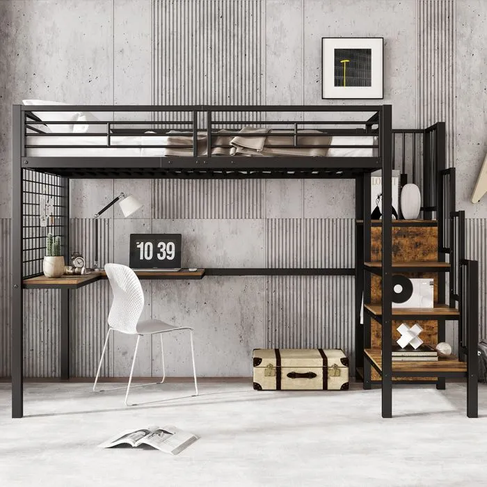 Lit mezzanine - Non spécifié - 90 x 200 cm - Noir - Échelle latérale - Armoire intégrée-0