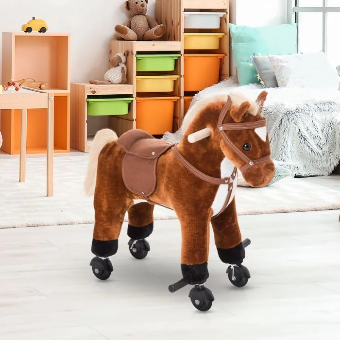 Cheval pour enfant - HOMCOM - +36 mois avec 4 roulettes - effet sonore, repose-pieds et guidon - Charge 60 kg 55x23x60 cm - Marron-2