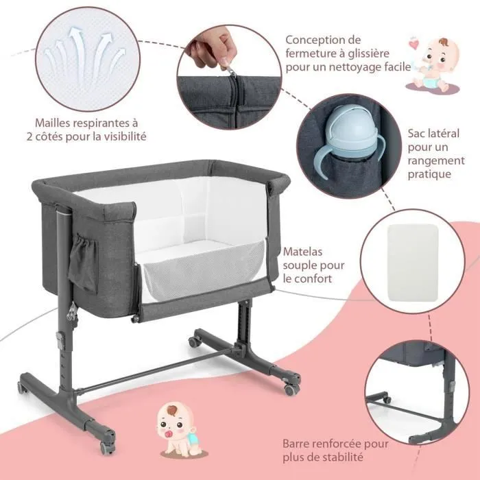 COSTWAY Lit Cododo Bébé à 5 Hauteurs Réglables, Charge 9KG, Lit Berceau Maille Respirante Sac de Voyage pour Bébé 0-6 Mois, Gris-0