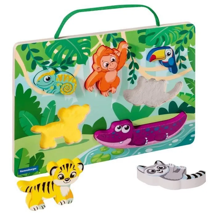 Ravensburger play+, Puzzle en bois sensoriel et aimanté - Dans la jungle , 6-36 mois, Premier âge, bébé-1
