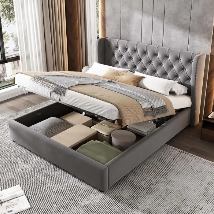 Lit adulte 140x190 cm - coffre de rangement avec sommier à lattes - tissu en velours, gris-0