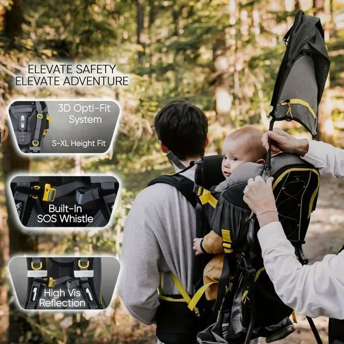 DROMADER Porte Bébé Randonnée - Confortable jusqu'à 22kg - Sac à Dos avec Poche Isolante, Pare-Soleil & Pluie - Noir et Jaune-4