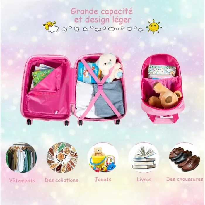 COSTWAY Valise Enfant à Roulettes 16’’ + Sac à dos 12’’ Ensemble de Bagage pour Enfant s avec Motif Sirène pour Filles Rose-2