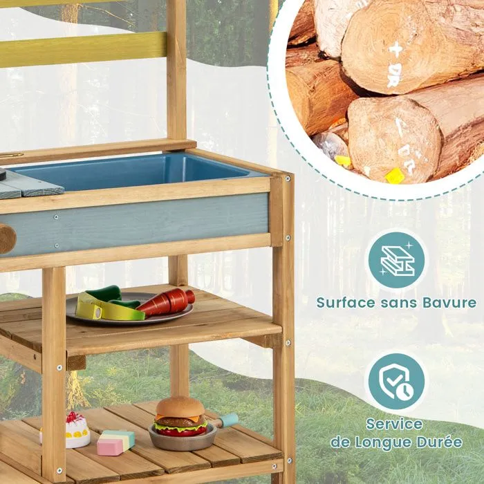 COSTWAY Cuisine Extérieure Dinettes à jouer pour Enfant 3 Ans+ en Bois de Sapin Naturel-4