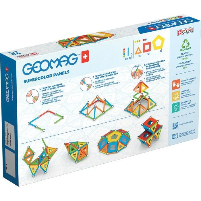 GEOMAG CLASSIC, PANELS SUPERCOLOR 78 pcs, construction magnétique, jeux éducatifs, Jouet pour enfants dès 5 ans, GMS03-2