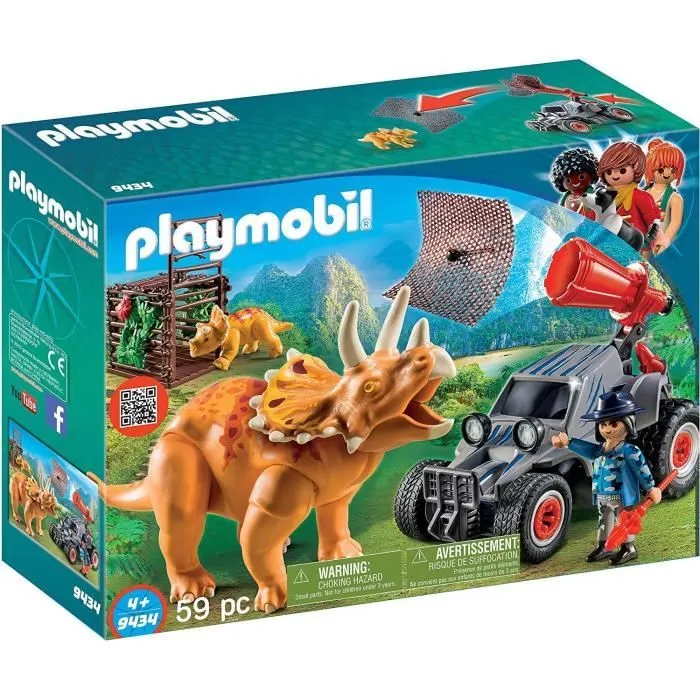 PLAYMOBIL Dinos - Bandit avec Tricératops - 59 pièces - The Explorers - Projette un filet-0