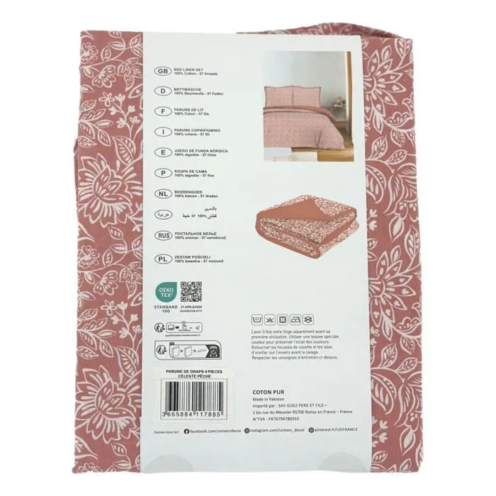 Parure de draps 4 pièces pour lit 160 x 200 cm "Grande largeur" Céleste pêche-5