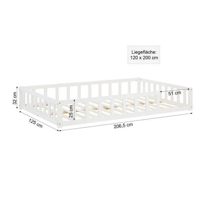 Lit Montessori - HomeStyle4U - 2838 - 140x200 cm - Bois massif blanc - Barrières de sécurité-2