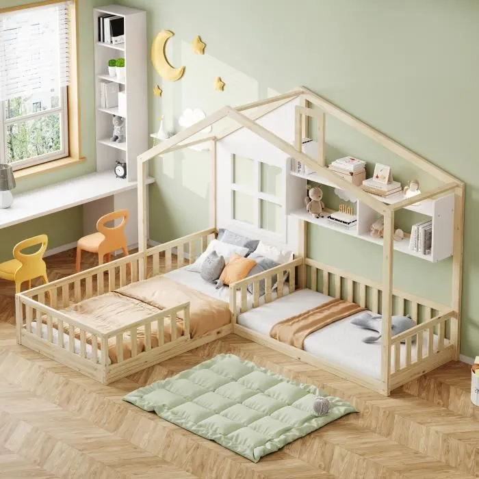 Lit cabane - Enfant - 90x200cm - Bois massif - 2 places - Avec étagères-1