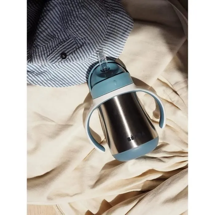 BEABA, Biberon/Tasse d'apprentissage /Gourde Bébé 2 en 1 Inox, Tasse Paille Enfant, 100% étanche, Anti-fuite, 250ml, Bleu-5