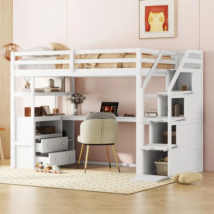 Lit mezzanine - lit et table - 90x200cm - blanc - 2 tiroirs - style industriel-1