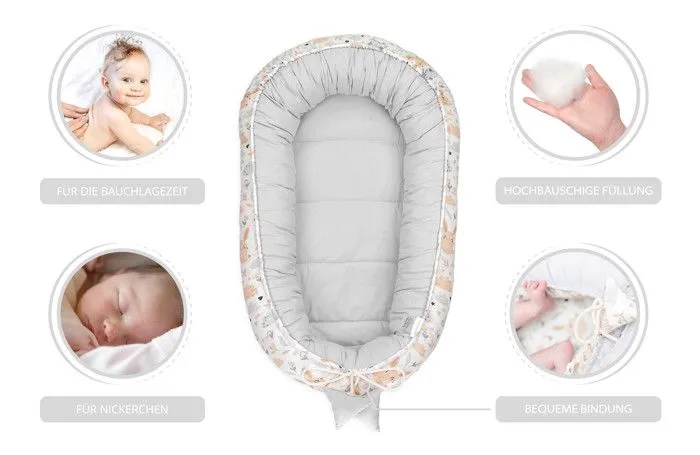 Reducteur de lit bebe 90x50 cm - cale bebe pour lit bebe cocoon chouettes et lapins avec gris clair-1