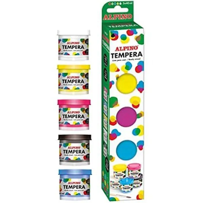 Peinture tempera - ALPINO - 5 x 40 ml - Couleurs vives - Prête à l'emploi - Séchage rapide-0