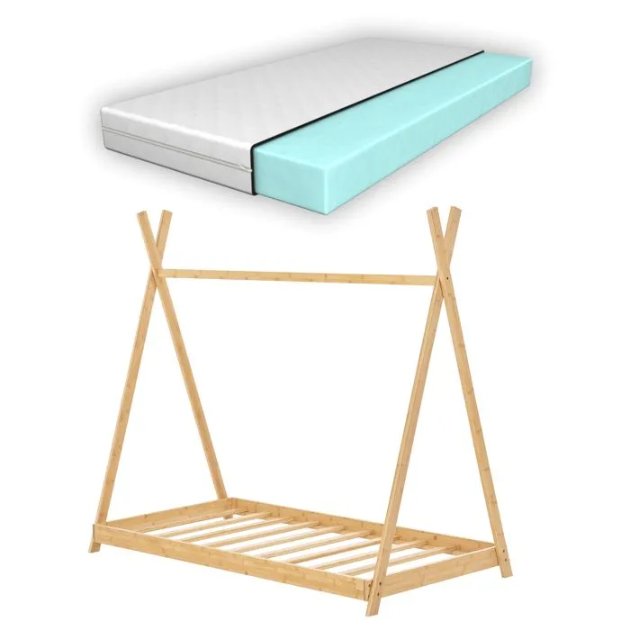 Lit tipi Vimpeli 80 x 160 cm pour enfant avec matelas bambou naturel [en.casa]-1