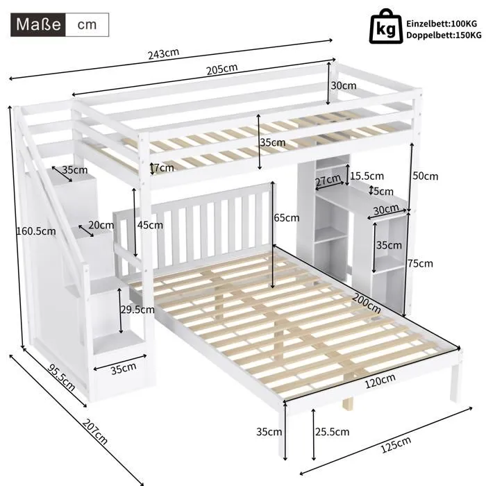 Lit superposé enfant - Blanc - 90x200 cm + 120x200 cm - Bois massif et MDF - Bureau et rangement-5