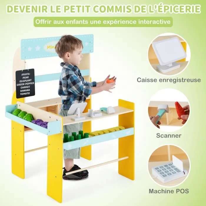 COSTWAY Marchande Enfant 3 Ans+ en Bois - 36 Légumes et Fruits, Machine POS, Tableau Noir et Scanner-2