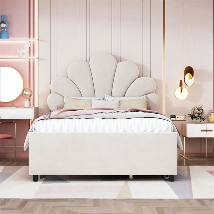 Lit modulaire - DREAMMESPACE - 90x200cm - Tête de lit fleurie - 2 tiroirs - Velours beige-1