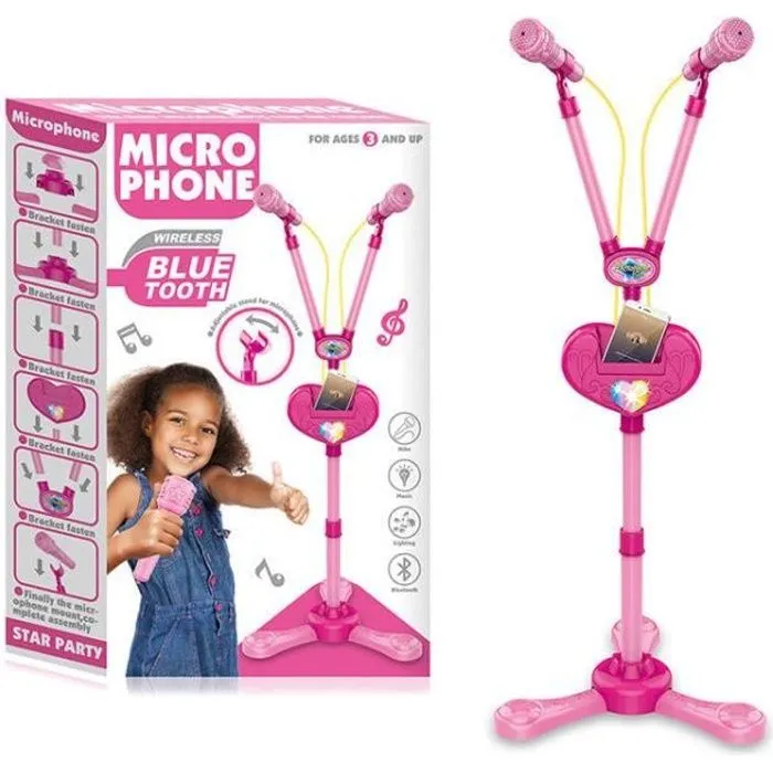 Micro Enfant sur Pied Karaoké Enfants , karaoké microphone bluetooth Avec effet d'éclairage musical, avec deux microphones rose 2-0