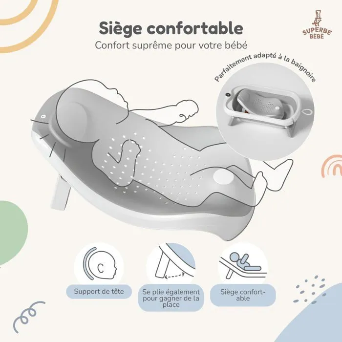 Baignoire bébé pliable - Thermomètre et transat inclus - LEAF - Grey | SUPERBE BEBE-3