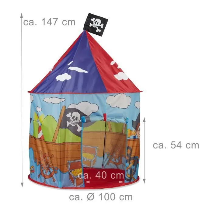 Relaxdays Tente enfant garçon fille tente de jeu Pirate drapeau extérieur pop-up 3 ans H x D 130 x 100 cm, rouge bleu-0