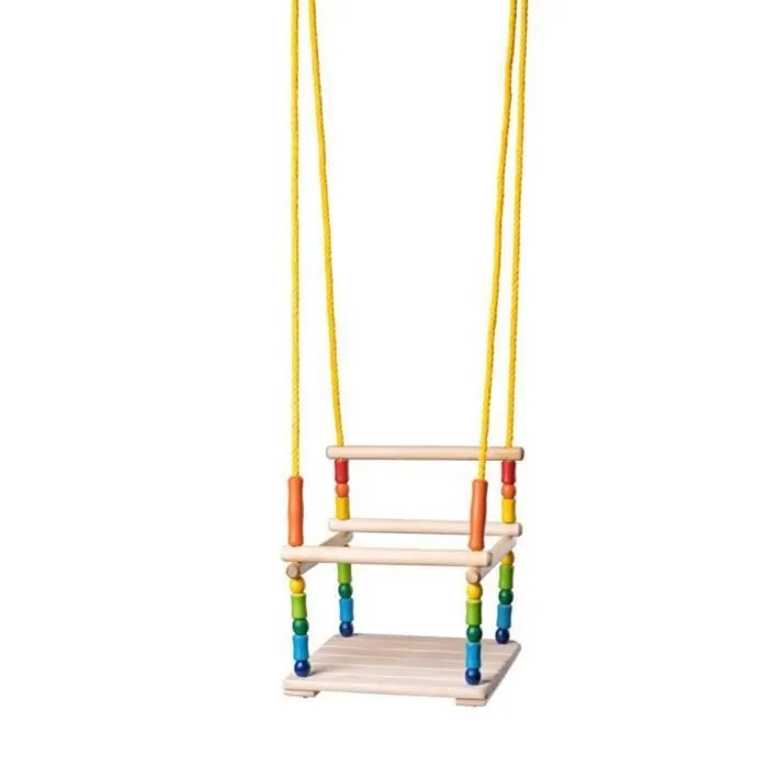 Balançoire en bois - ZOOM - Modèle coloré - Dossier sécurisant - Cordes douces - Charge 25 kg-0