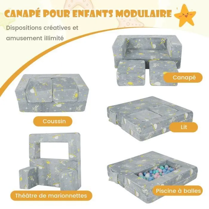 COSTWAY Canapé Enfants Lumineux (Brillant dans le Noir) 5 en 1, Housse Amovible et Lavable Canapé Convertible pour 3 Ans+-2