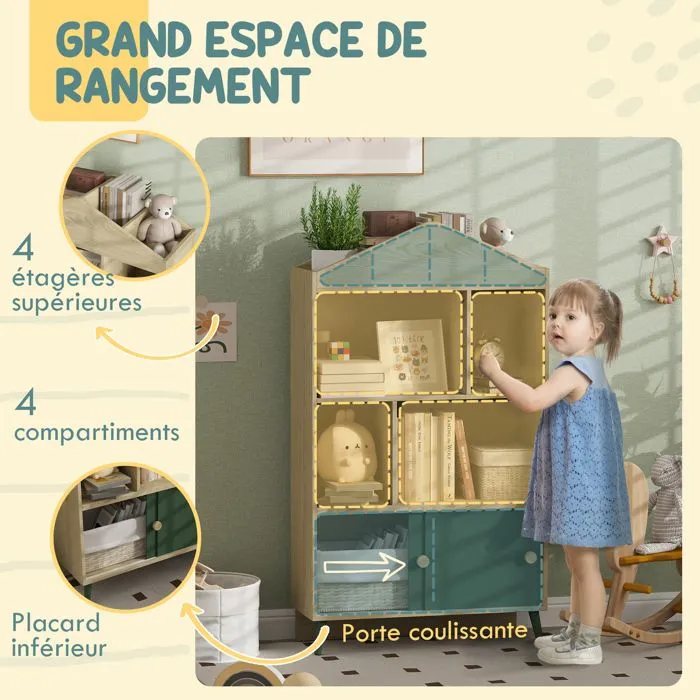 Bibliothèque et meuble de rangement - AIYAPLAY - jouets pour enfants, 4 étagères et placard porte coulissante, design - vert-4