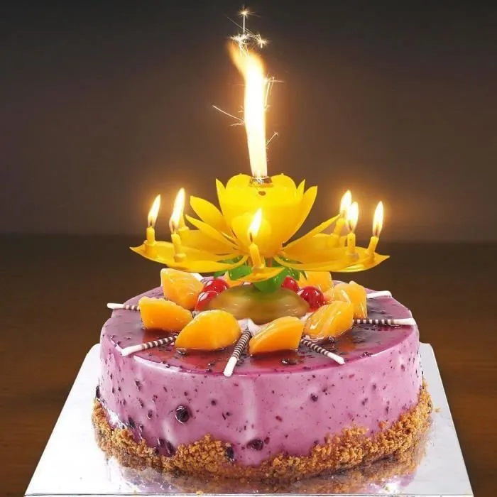 Bougie d'Anniversaire Fleur Lotus Rotation Musique Décoration Gâteau Fête Couleur Jaune-1