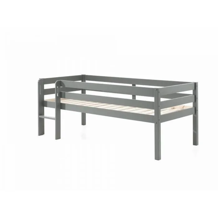 Lit mi-hauteur gris VIPACK - 3 tiroirs de rangement et tablette pende - 90x200cm