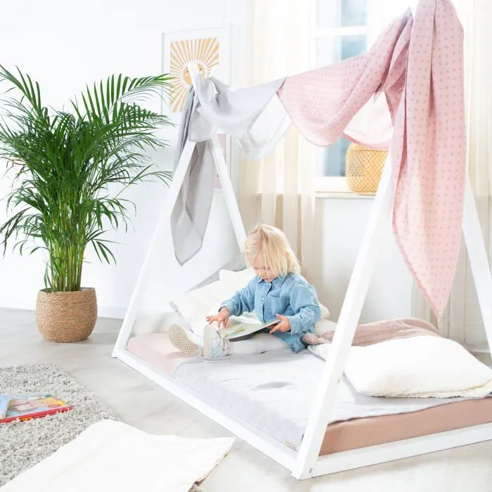 Lit Tipi 70 x 140 cm pour Enfants ROBA - Bambou Certifié FSC - Lit Indien pour Garçon et Fille - Bois Laqué Blanc-4