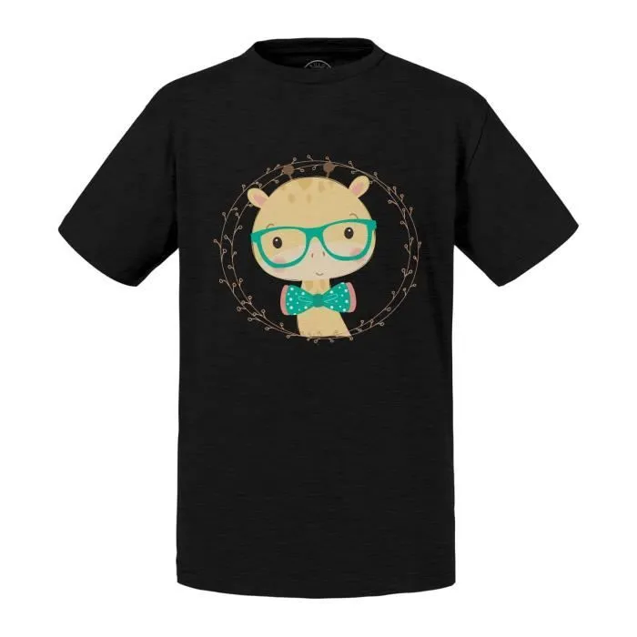 T-shirt Enfant Noir Girafe Hipster Mignon Dessin Illustration Originale-0