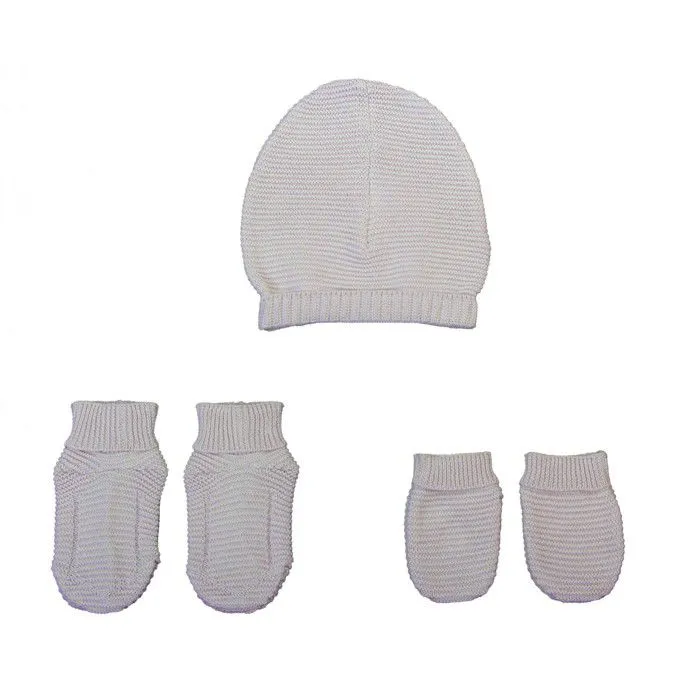 Set bonnet + chaussons + moufles 0-3 mois tricot Coton bio Gris - Éveil et Nature-0