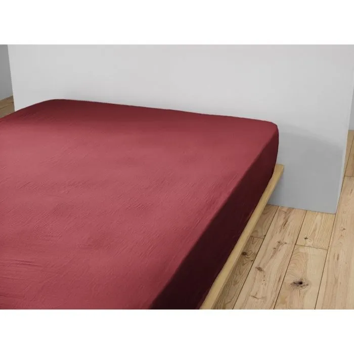Drap Housse Double Gaze de Coton Bordeaux – 140 x 190 cm – Bonnet 30 cm-1