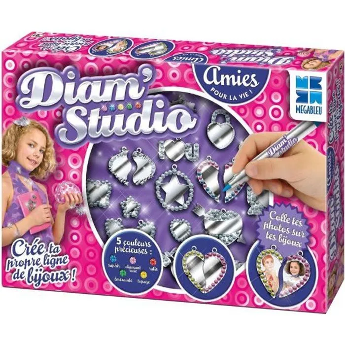 Bijoux à colorier et à personnaliser - MEGABLEU - DIAM STUDIO - Pour enfant fille - Avec 5 feutres - 18 modèles-0