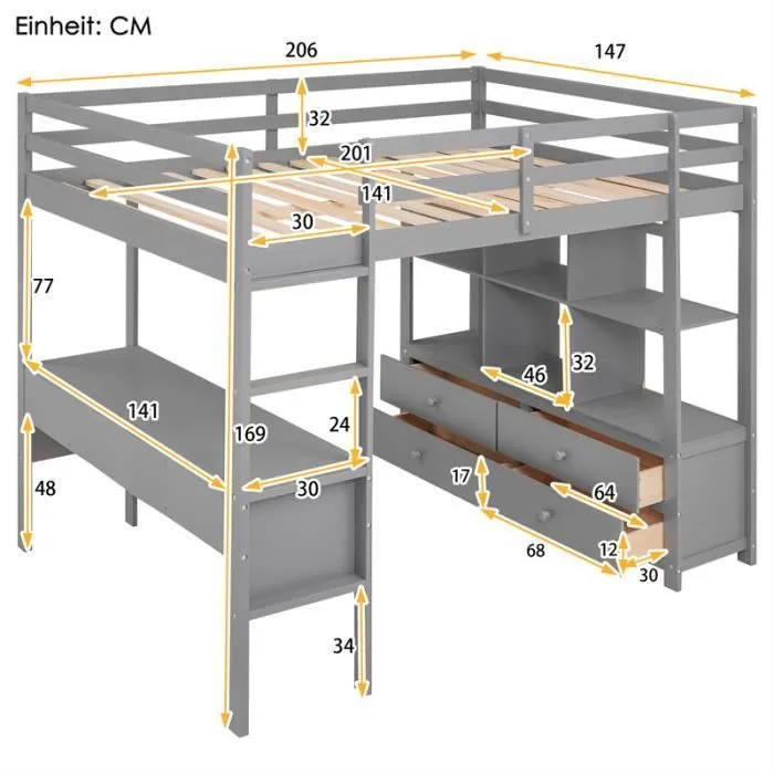 Lit mezzanine pour enfant - lit surélevé avec tiroirs de rangement, bureau et bibliothèque de rangement sous le lit - gris 140x200cm-3