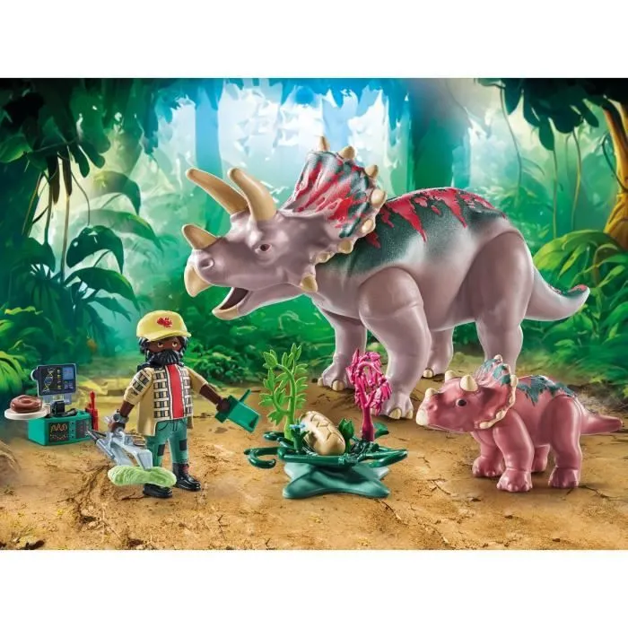 PLAYMOBIL 71821 Tricératops avec bébé et explorateur, Dinos, 29 pièces, Dès 4 ans-1